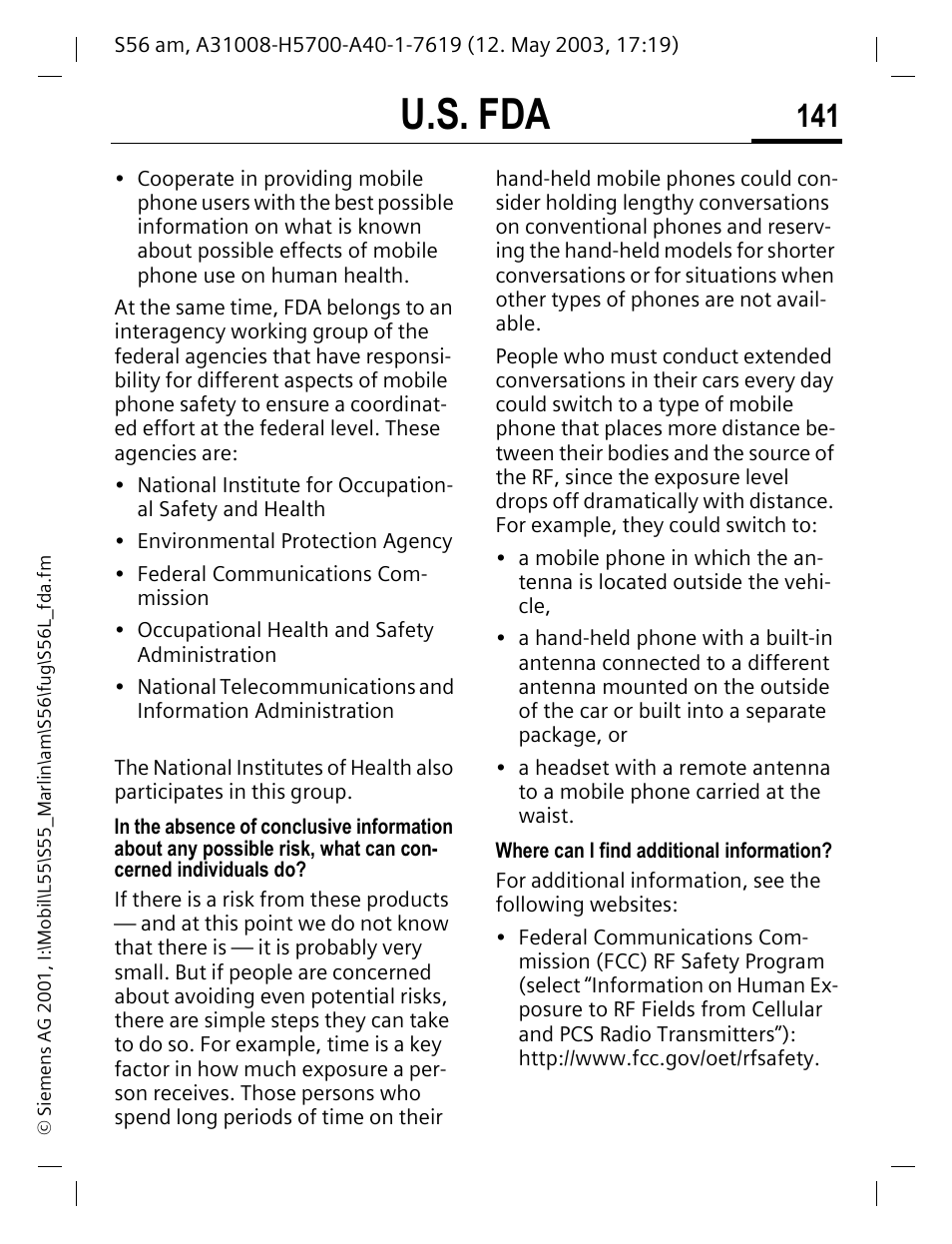 U.s. fda | Siemens S56 User Manual | Page 140 / 152