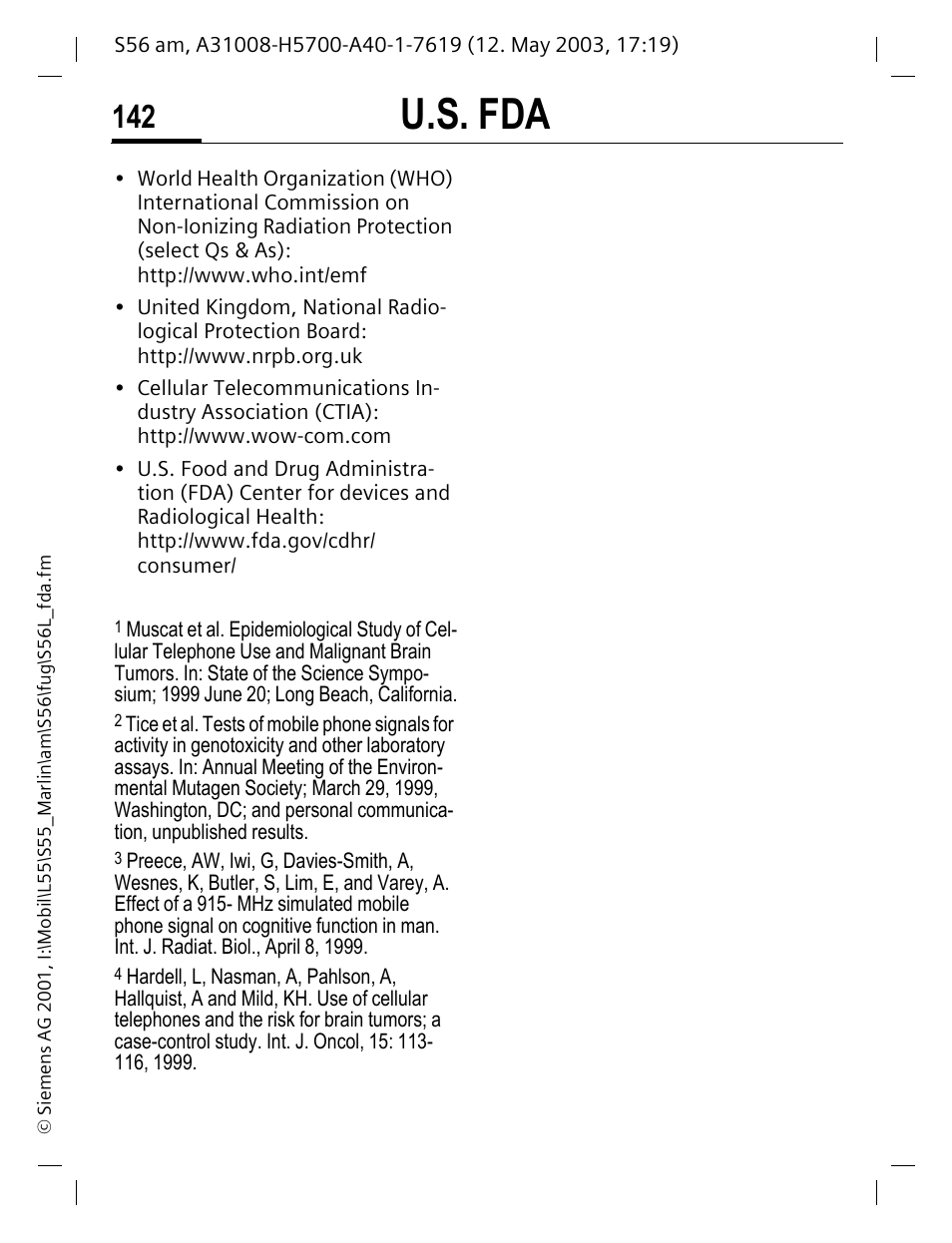 U.s. fda | Siemens S56 User Manual | Page 141 / 152