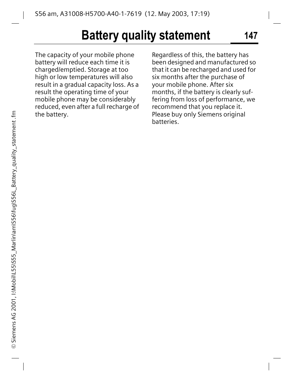 Battery quality statement | Siemens S56 User Manual | Page 146 / 152