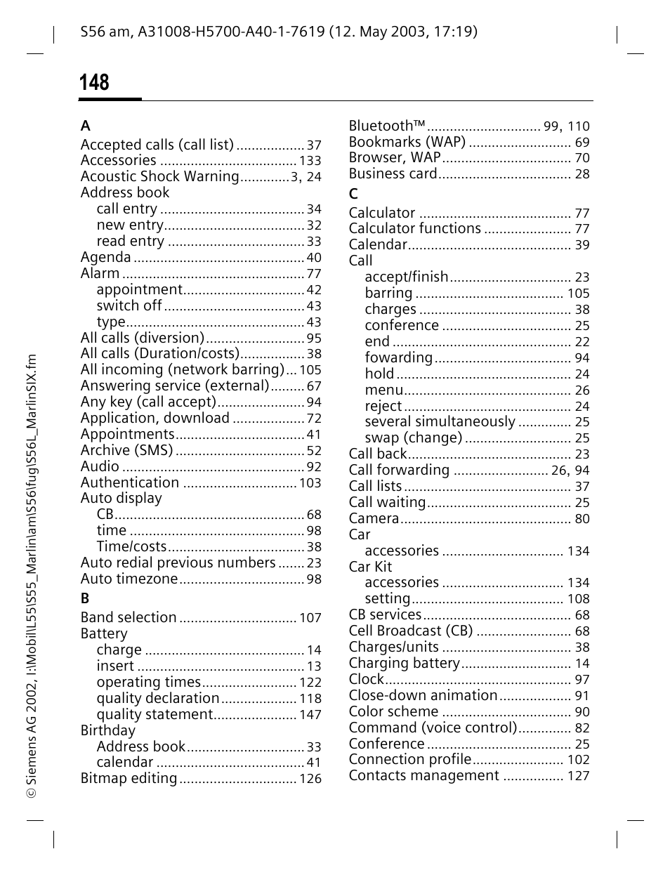 Index | Siemens S56 User Manual | Page 147 / 152