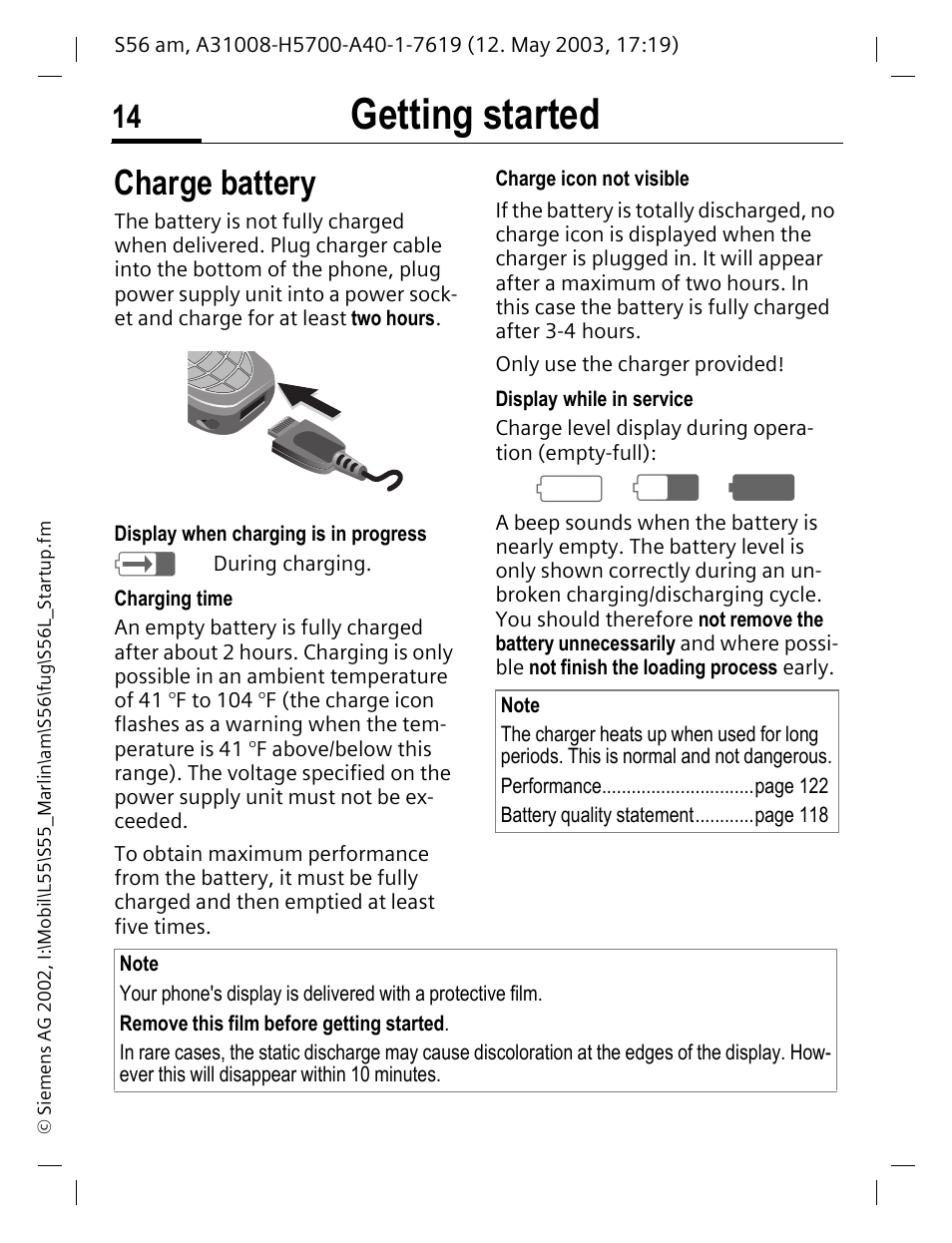 Charge battery, Getting started, A d g | Siemens S56 User Manual | Page 15 / 152