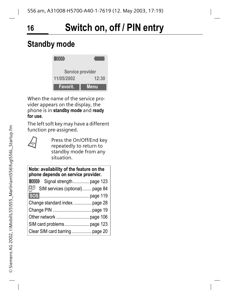 Standby mode, Switch on, off / pin entry | Siemens S56 User Manual | Page 17 / 152