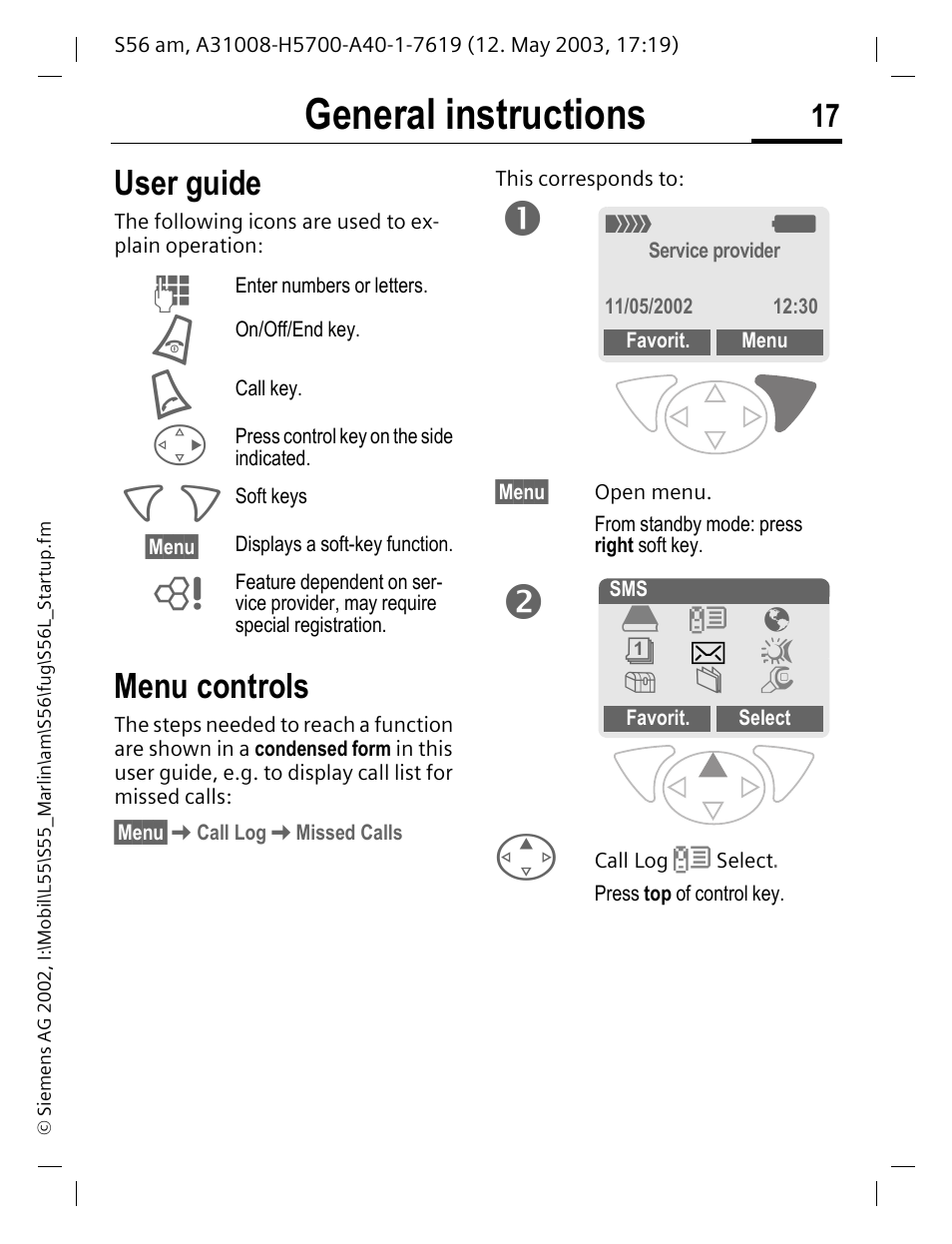 General instructions, User guide, Menu controls | Siemens S56 User Manual | Page 18 / 152