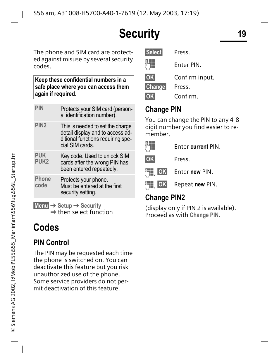 Security, Codes, Pin control | Change pin, Change pin2 | Siemens S56 User Manual | Page 20 / 152