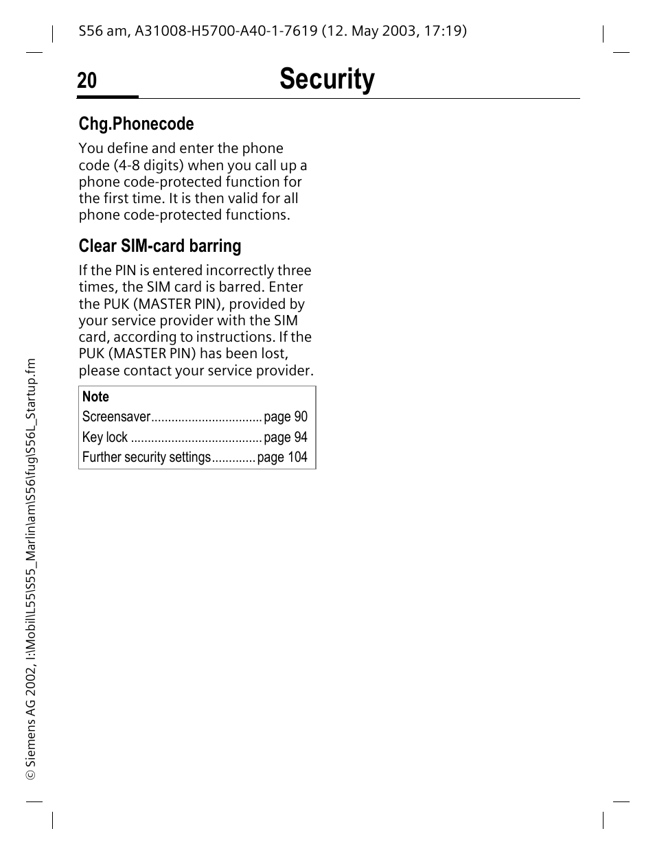 Clear sim-card barring, Security, Chg.phonecode | Siemens S56 User Manual | Page 21 / 152