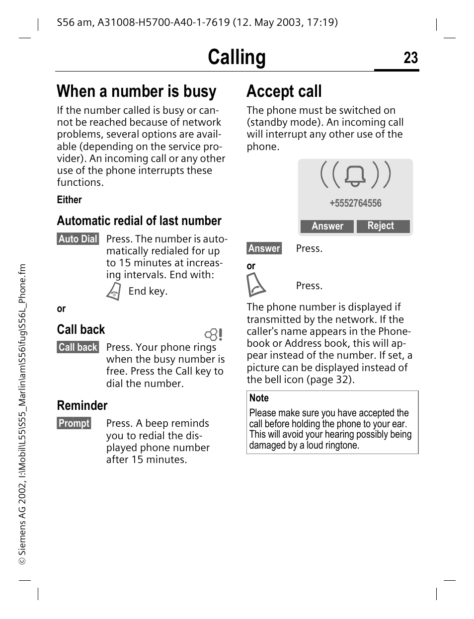 Automatic redial of last number, Call back, Reminder | When a number is busy accept call, Calling, When a number is busy, Accept call | Siemens S56 User Manual | Page 24 / 152