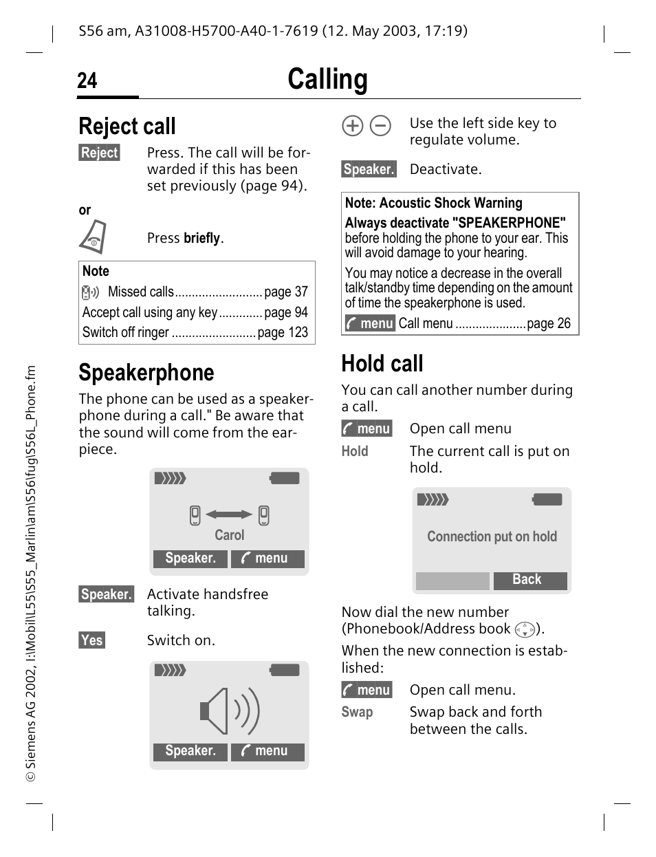 Reject call, Speakerphone hold call, P. 24) | Speakerphone, Calling, Hold call | Siemens S56 User Manual | Page 25 / 152