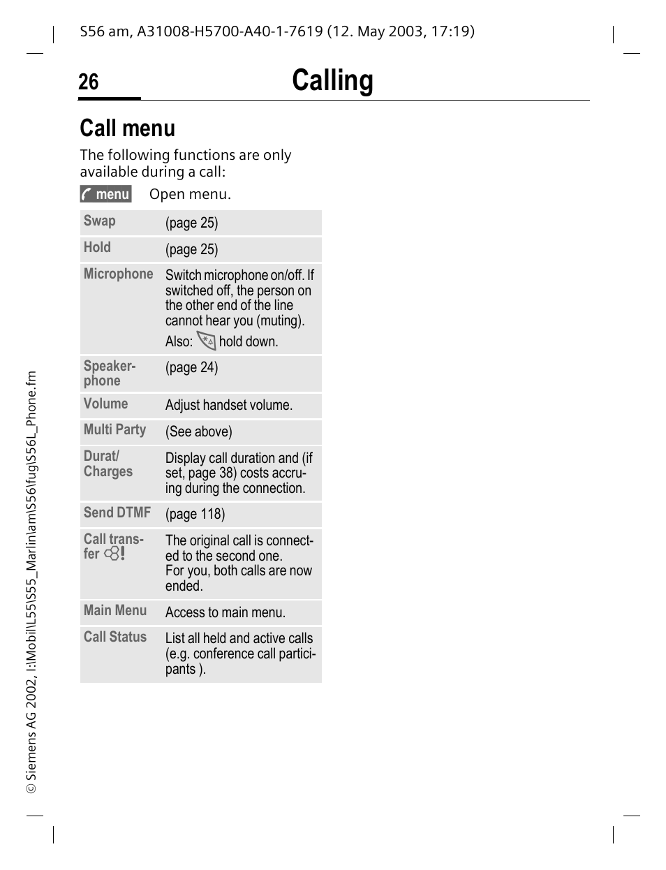 Calling, Call menu | Siemens S56 User Manual | Page 27 / 152