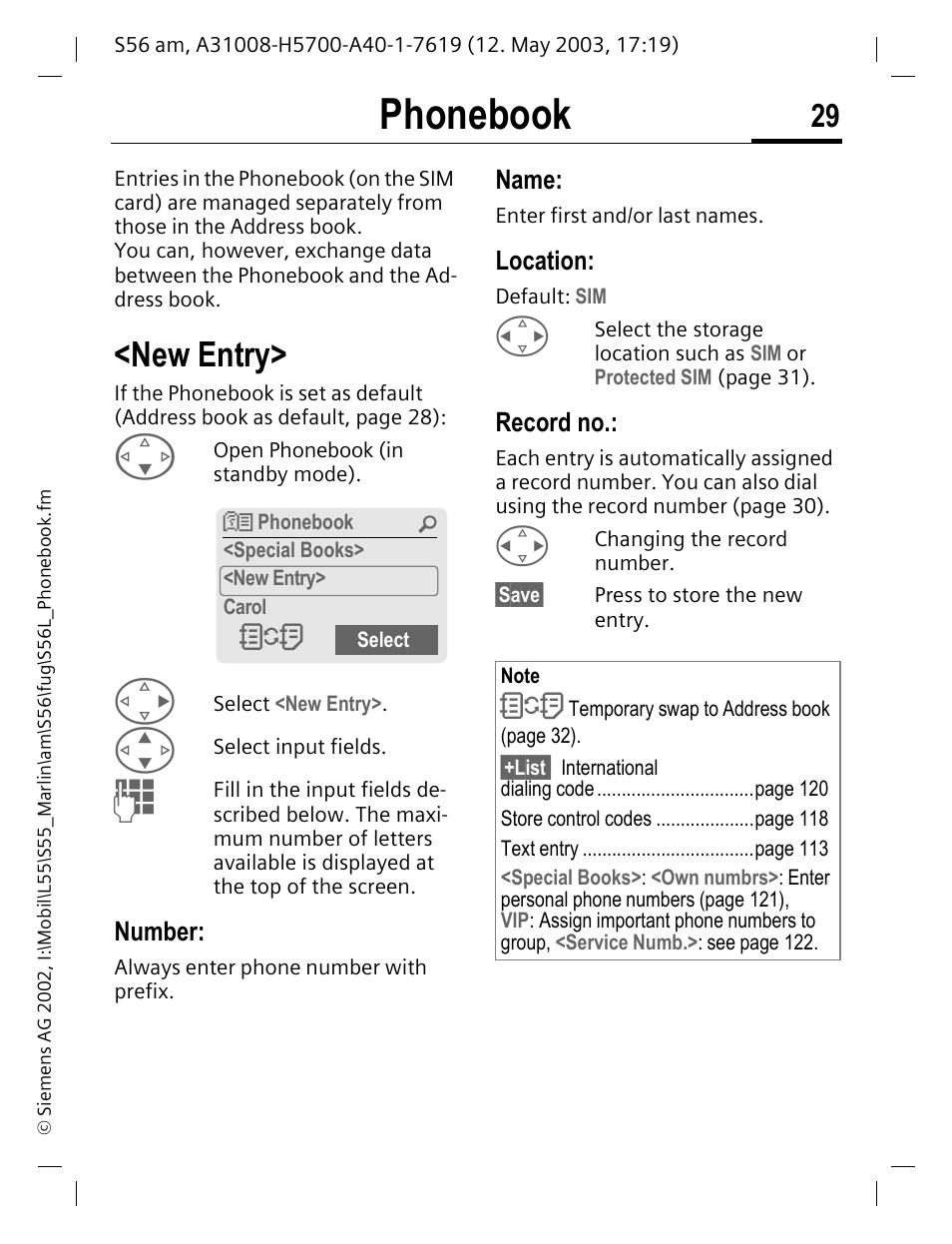 Phonebook, New entry, Number | Location, Record no | Siemens S56 User Manual | Page 29 / 152