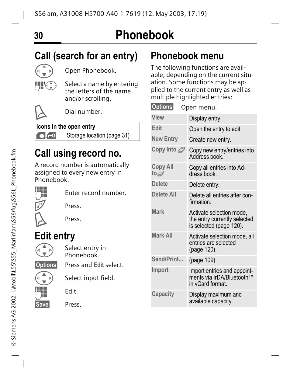 Edit entry, Call (search for an entry) change entry, Phonebook | Call (search for an entry), Call using record no, Phonebook menu | Siemens S56 User Manual | Page 30 / 152