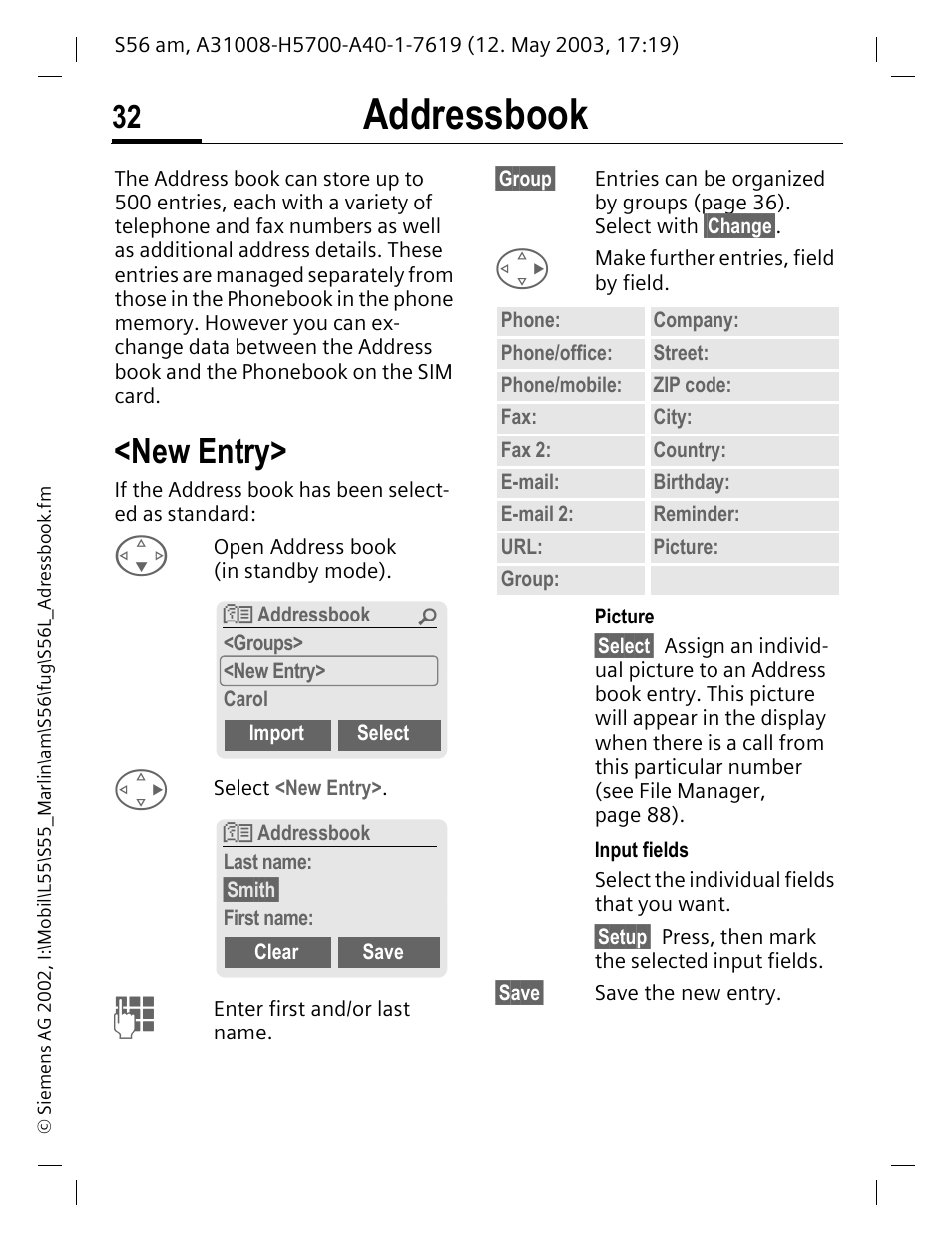 Addressbook, New entry, Address book | Book | Siemens S56 User Manual | Page 32 / 152