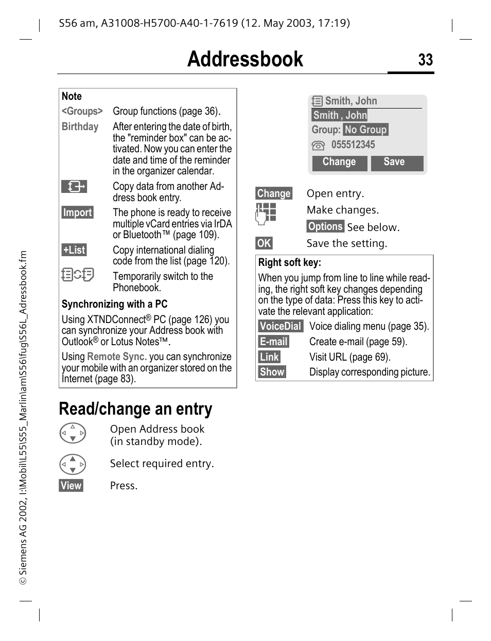 Read/change an entry, Addressbook | Siemens S56 User Manual | Page 33 / 152