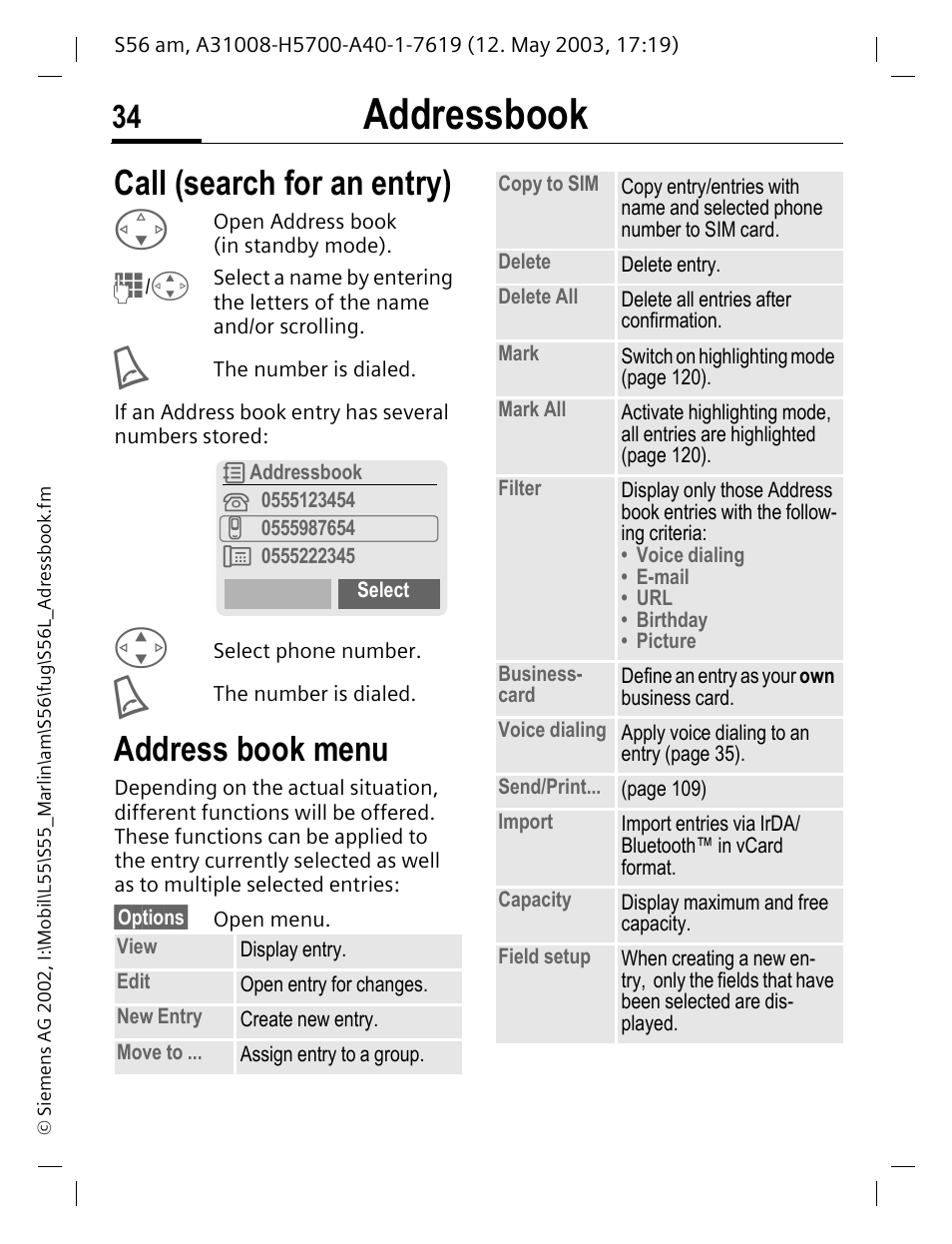 Address book menu, Call (search for an entry) address book menu, Addressbook | Call (search for an entry) | Siemens S56 User Manual | Page 34 / 152