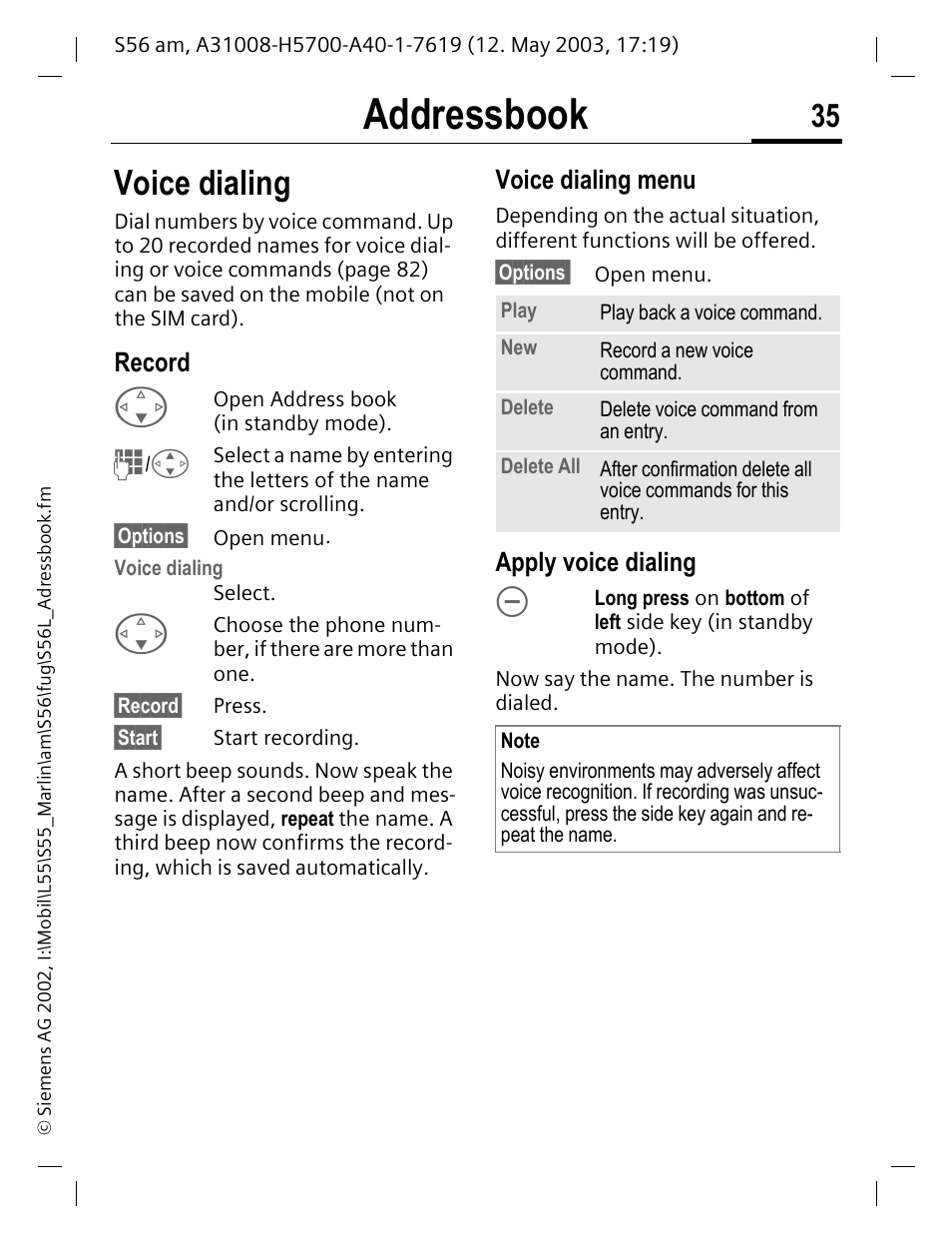 Record, Apply voice dialing, Voice dialing | Addressbook, Voice dialing menu | Siemens S56 User Manual | Page 35 / 152