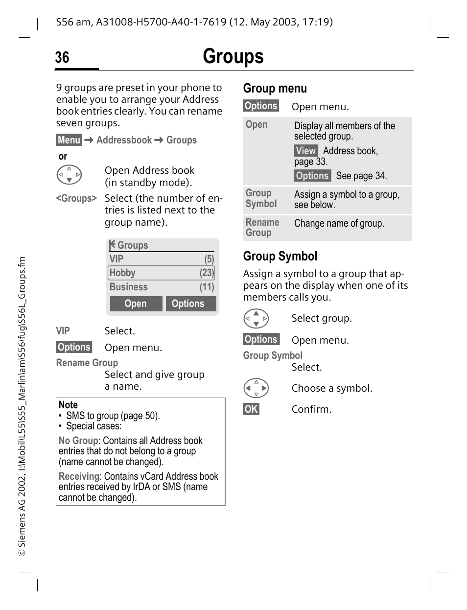 Groups, Group menu, Group symbol | Siemens S56 User Manual | Page 36 / 152