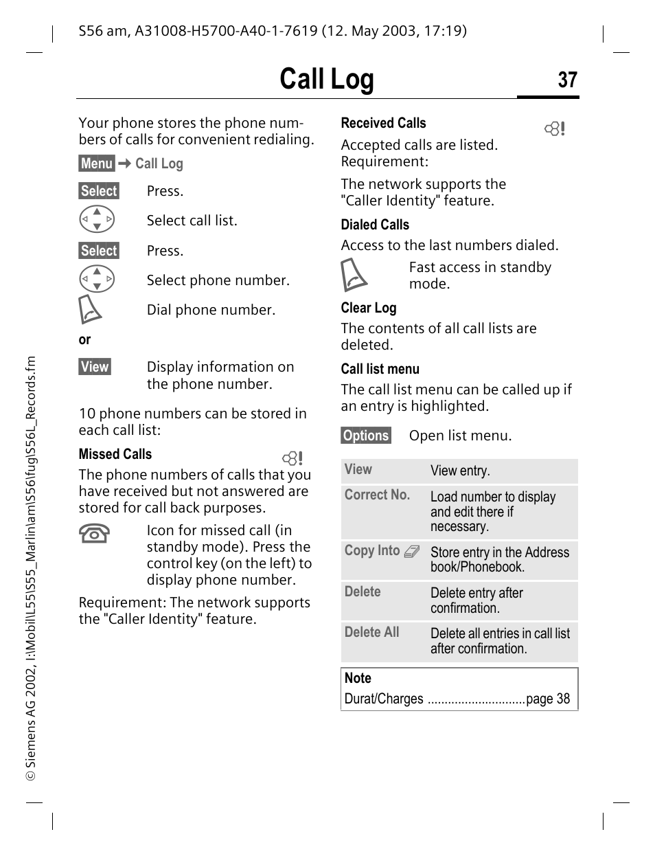 Call log | Siemens S56 User Manual | Page 37 / 152