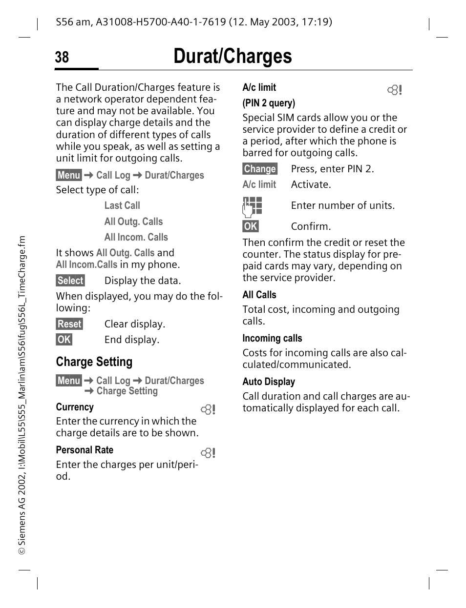 Durat/ charges, Charge setting, Durat/charges | Siemens S56 User Manual | Page 38 / 152