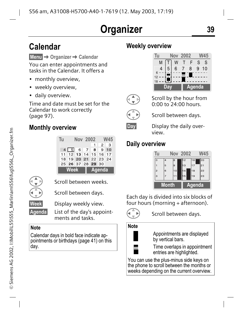 Organizer, Calendar, Monthly overview | Weekly overview, Daily overview | Siemens S56 User Manual | Page 39 / 152