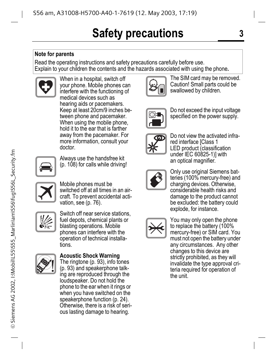 Safety precautions | Siemens S56 User Manual | Page 4 / 152