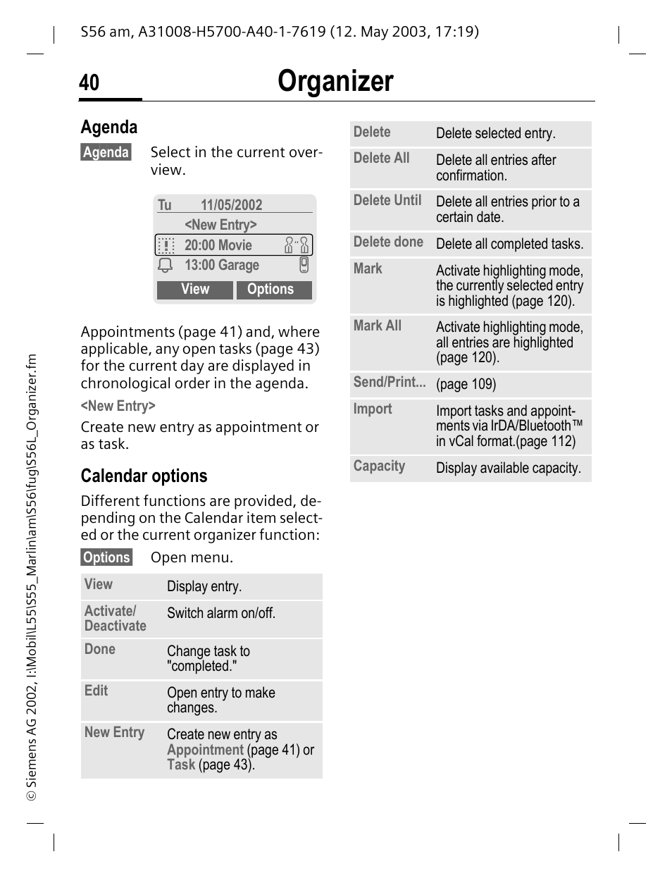 Agenda, Calendar options, Organizer | Siemens S56 User Manual | Page 40 / 152