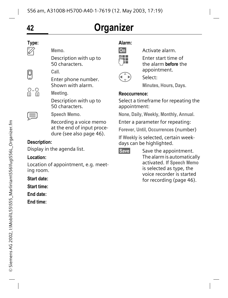 Organizer | Siemens S56 User Manual | Page 42 / 152