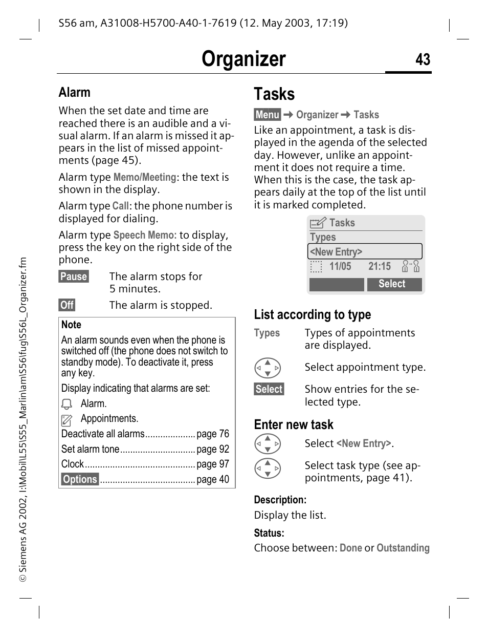 List according to type, Enter new task, Tasks | Organizer, Alarm | Siemens S56 User Manual | Page 43 / 152