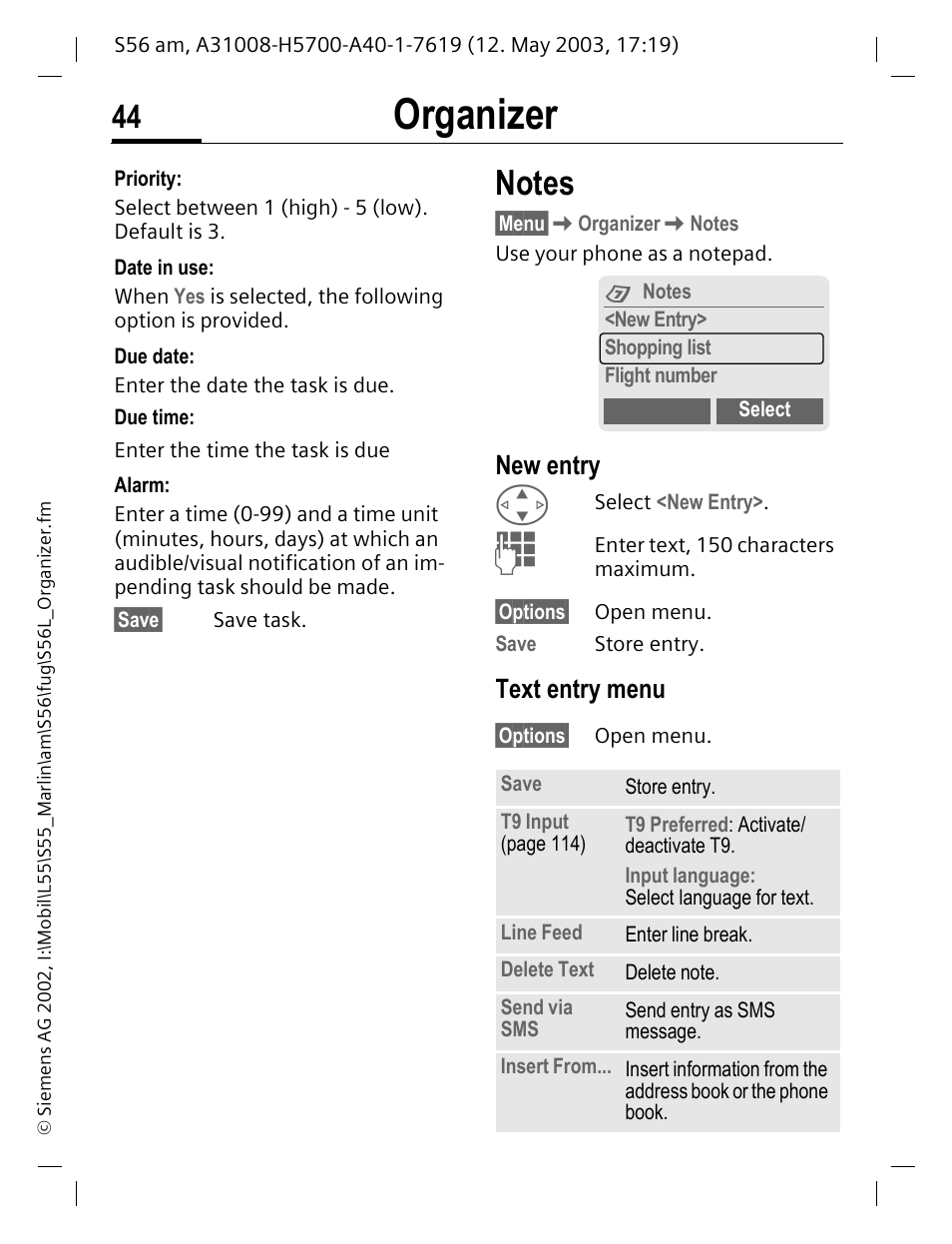 New entry, Text entry menu, Notes | Organizer | Siemens S56 User Manual | Page 44 / 152