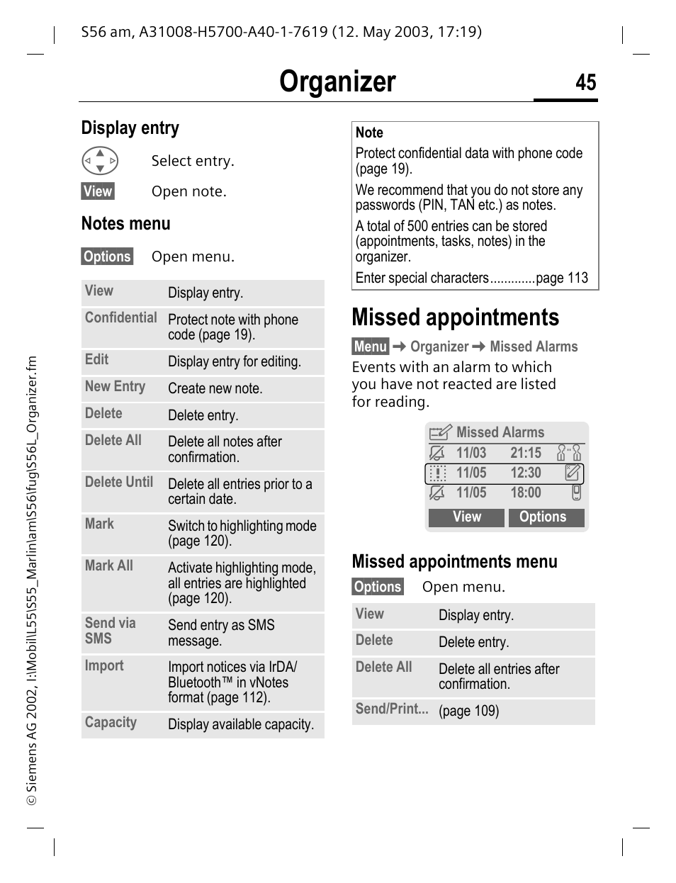 Display entry, Notes menu, Missed appointments | Missed appointments menu, Organizer | Siemens S56 User Manual | Page 45 / 152