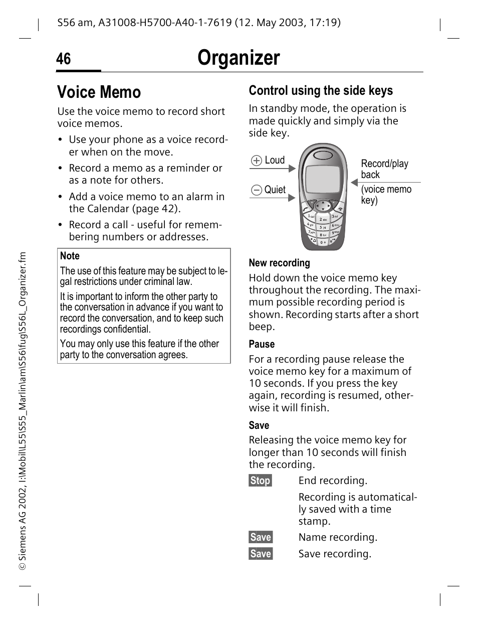 Voice memo, Organizer, Control using the side keys | Siemens S56 User Manual | Page 46 / 152