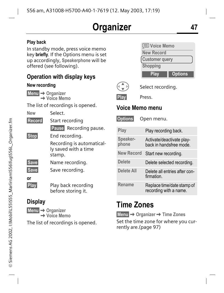 Operation with display keys, Display, Voice memo menu | Time zones, Organizer | Siemens S56 User Manual | Page 47 / 152