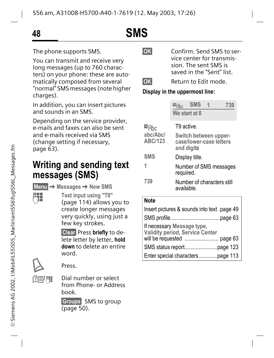 Writing and sending text messages (sms) | Siemens S56 User Manual | Page 48 / 152