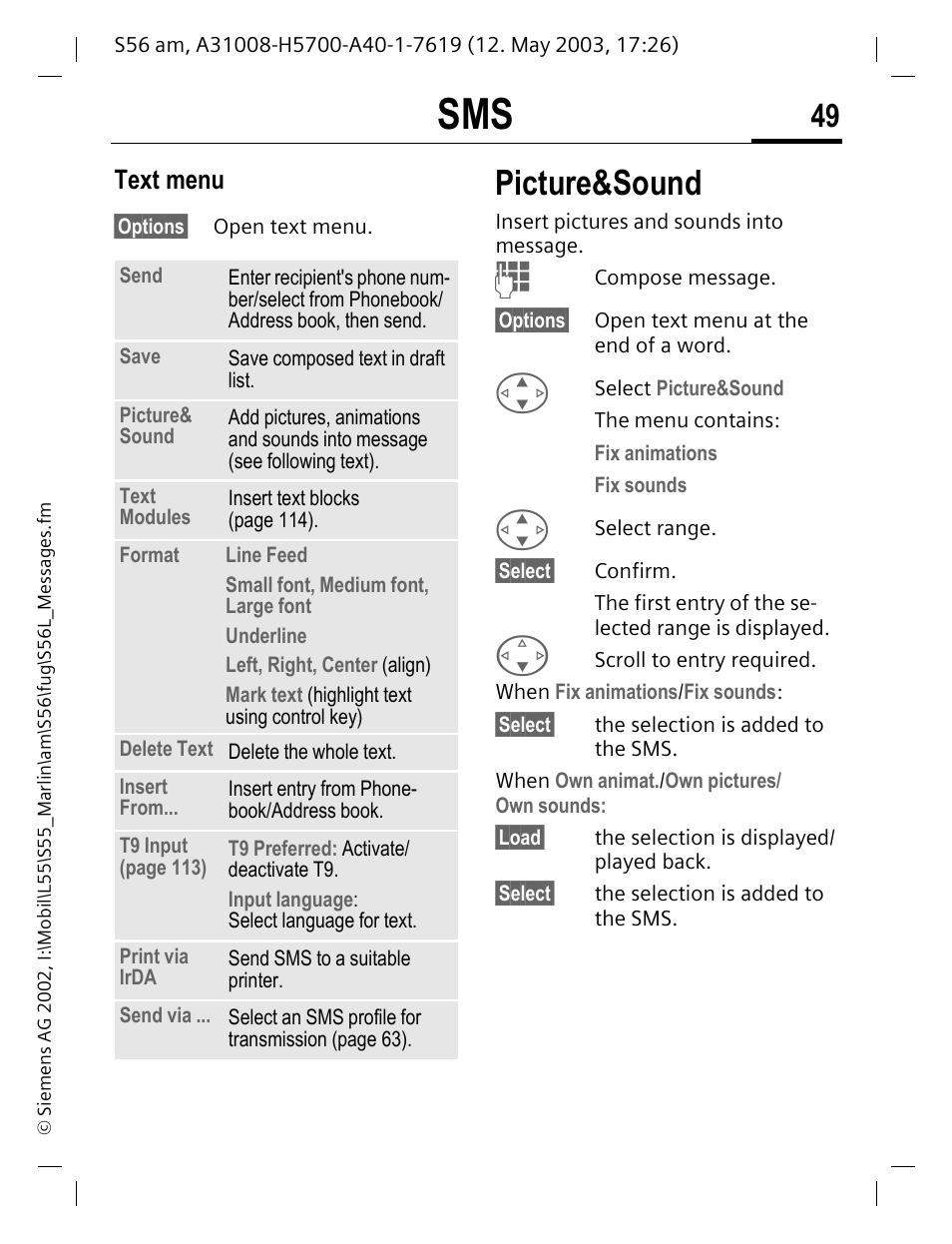 Picture&sound, Text menu | Siemens S56 User Manual | Page 49 / 152