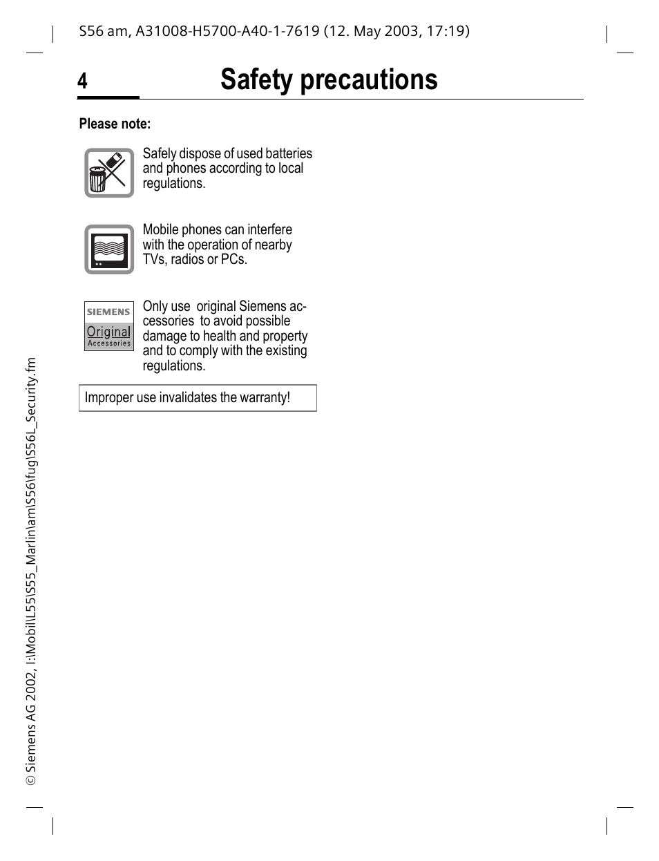 Safety precautions | Siemens S56 User Manual | Page 5 / 152