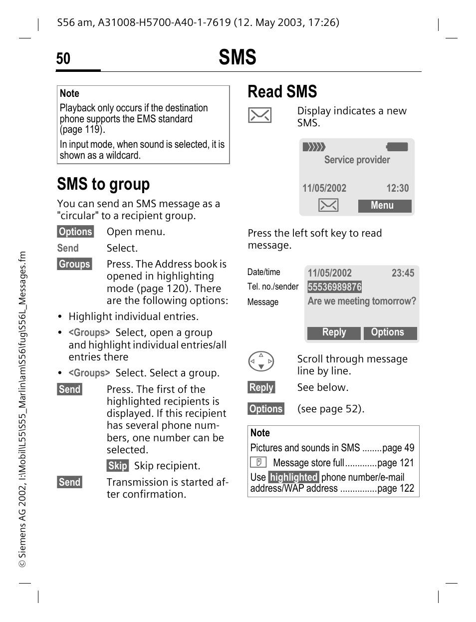 Sms to group, Read sms | Siemens S56 User Manual | Page 50 / 152