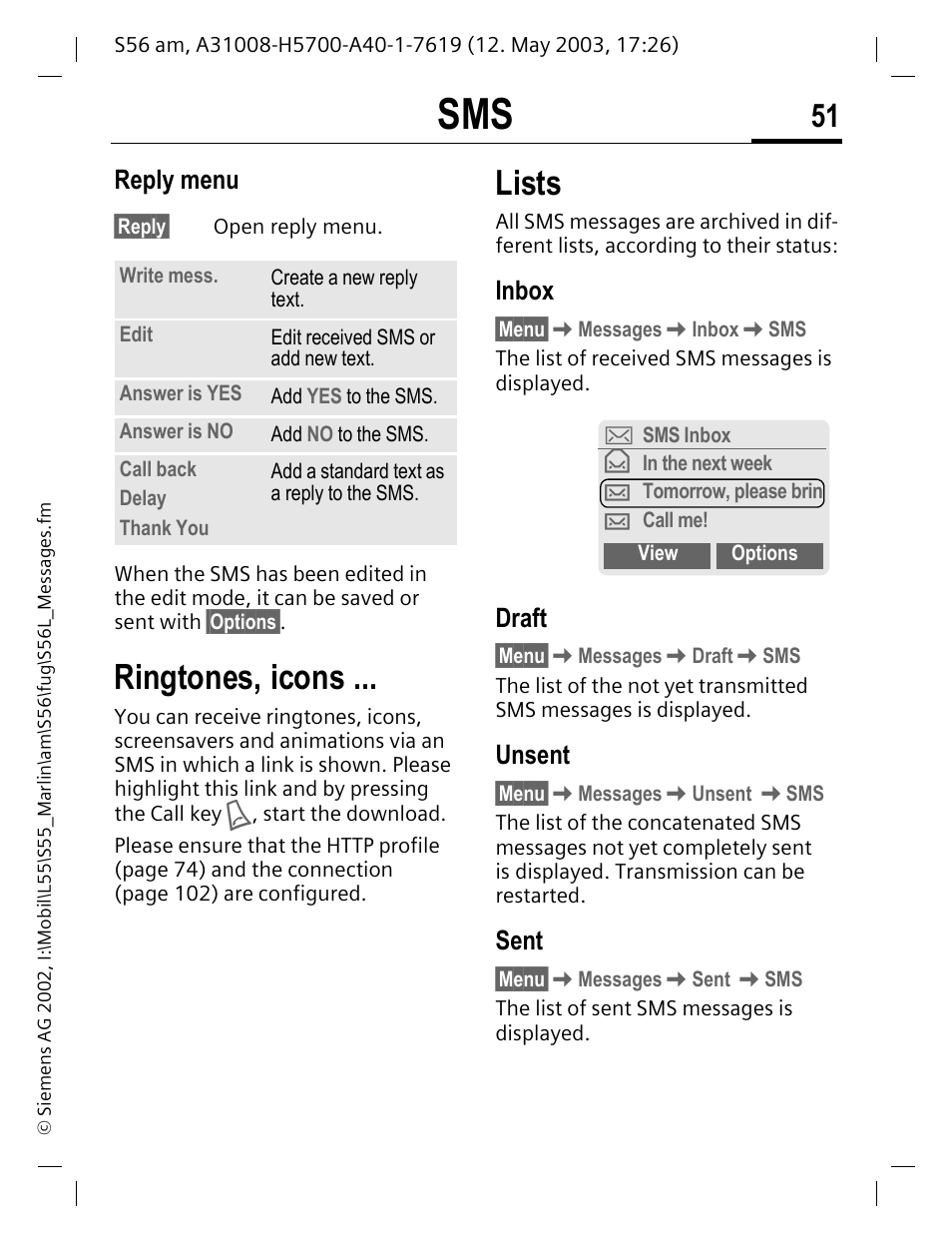 Reply menu, Ringtones, icons, Inbox | Draft, Unsent, Sent, Lists | Siemens S56 User Manual | Page 51 / 152