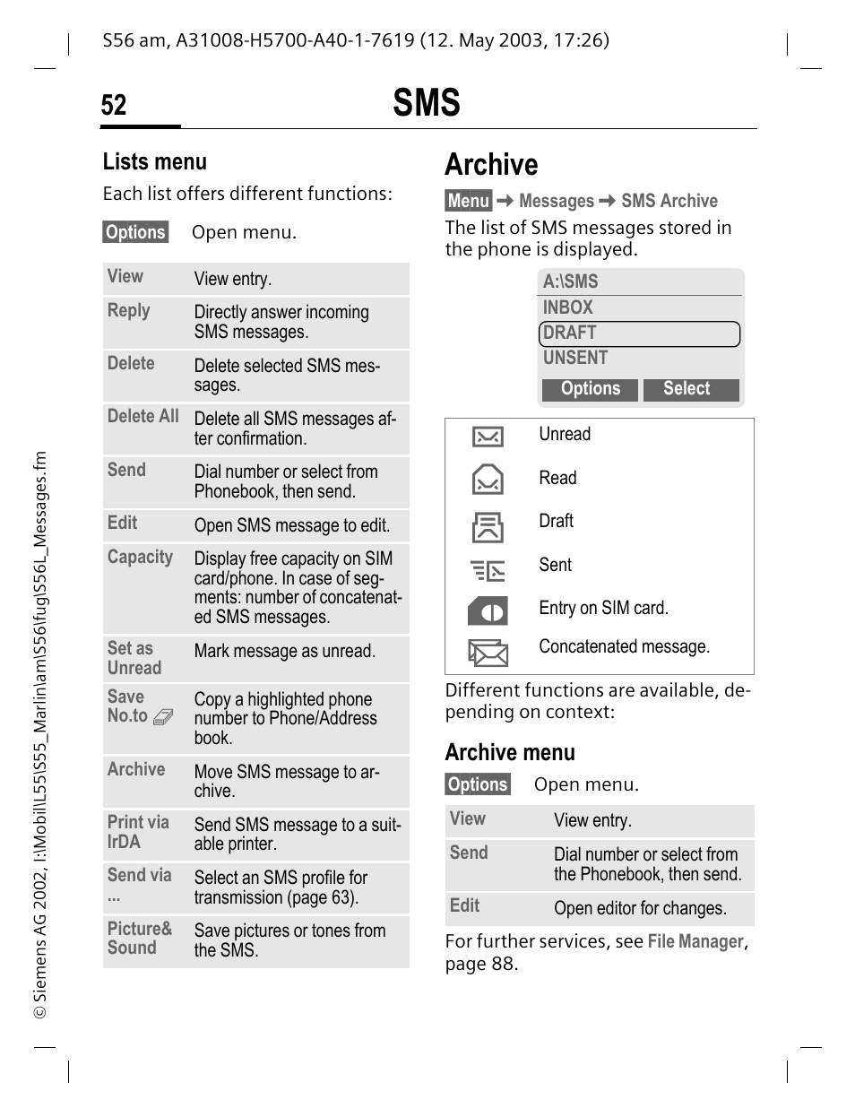 Archive menu, Archive, Lists menu | Siemens S56 User Manual | Page 52 / 152