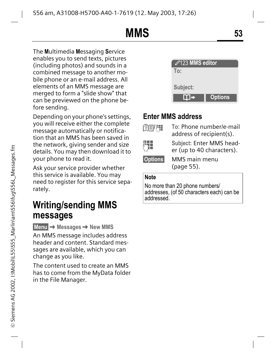 Writing/sending mms messages, Enter mms address, Enter mms address n | Siemens S56 User Manual | Page 53 / 152