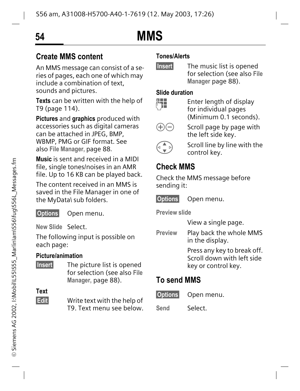 Check mms, To send mms, Create mms content | Siemens S56 User Manual | Page 54 / 152