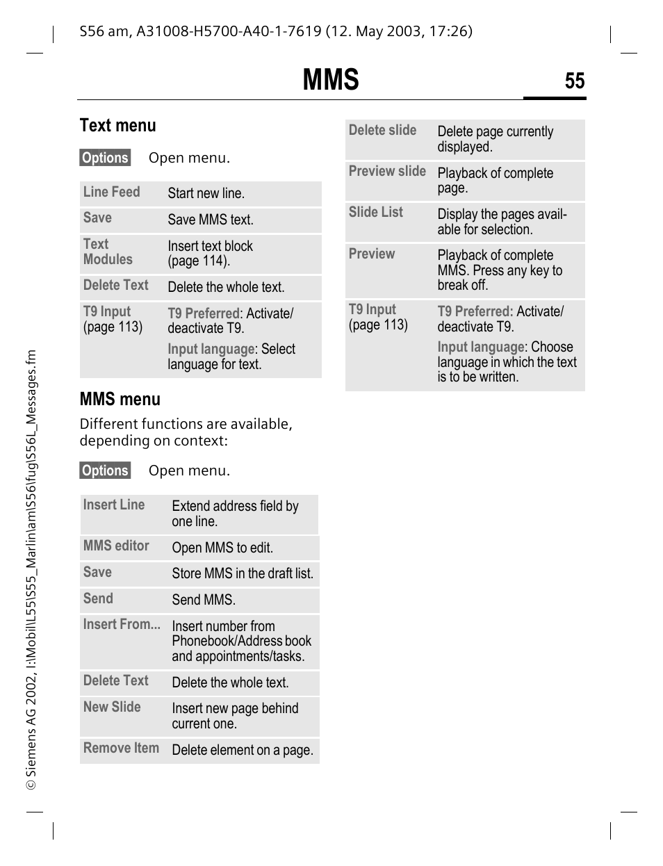 Text menu, Mms menu | Siemens S56 User Manual | Page 55 / 152