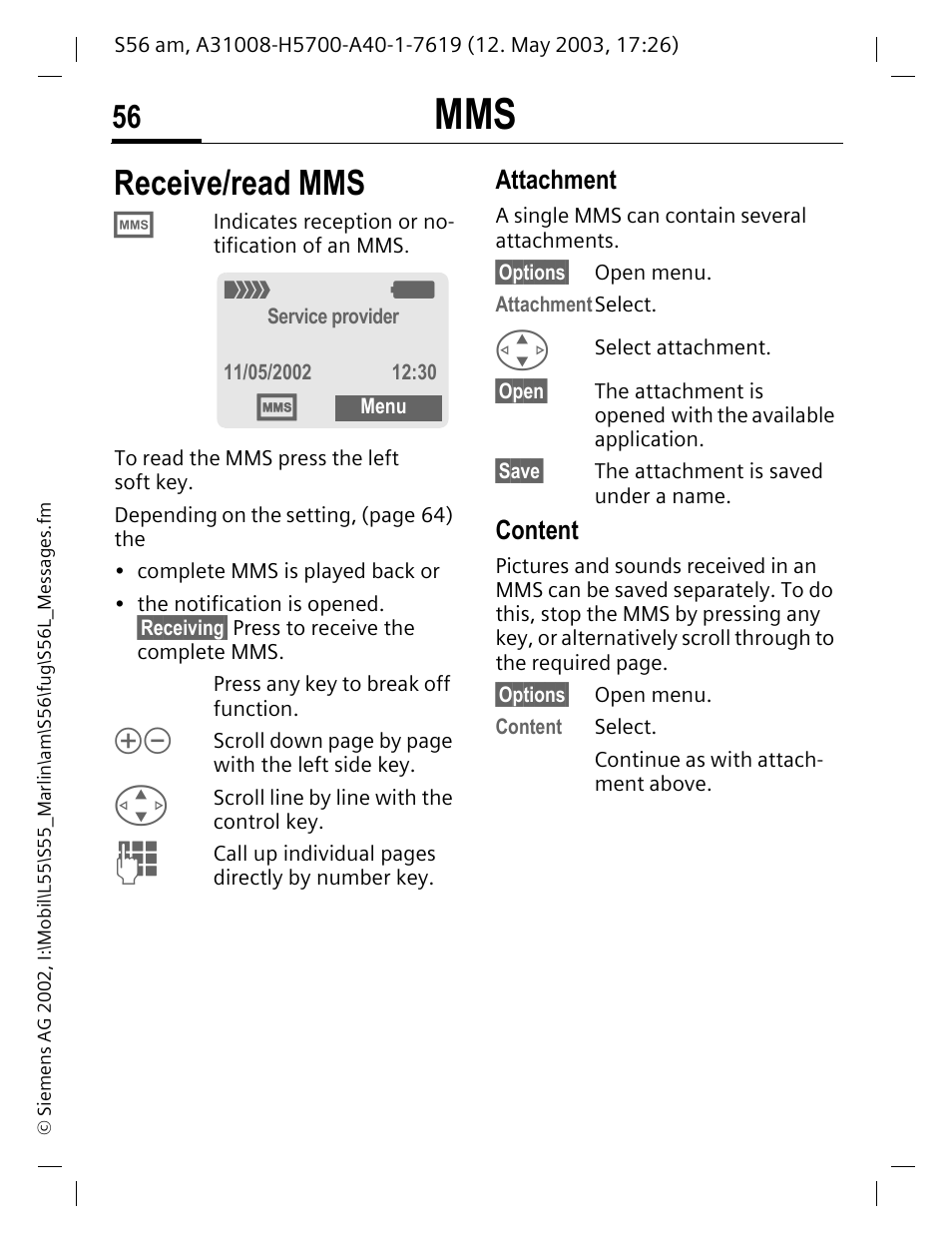 Receive/read mms | Siemens S56 User Manual | Page 56 / 152