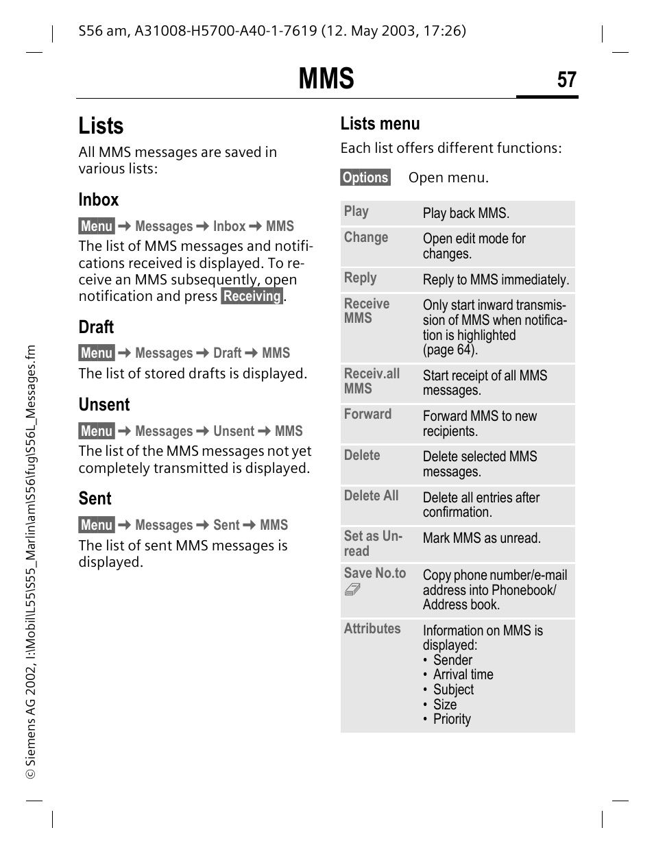 Inbox, Draft, Unsent | Sent, Lists, Lists menu | Siemens S56 User Manual | Page 57 / 152