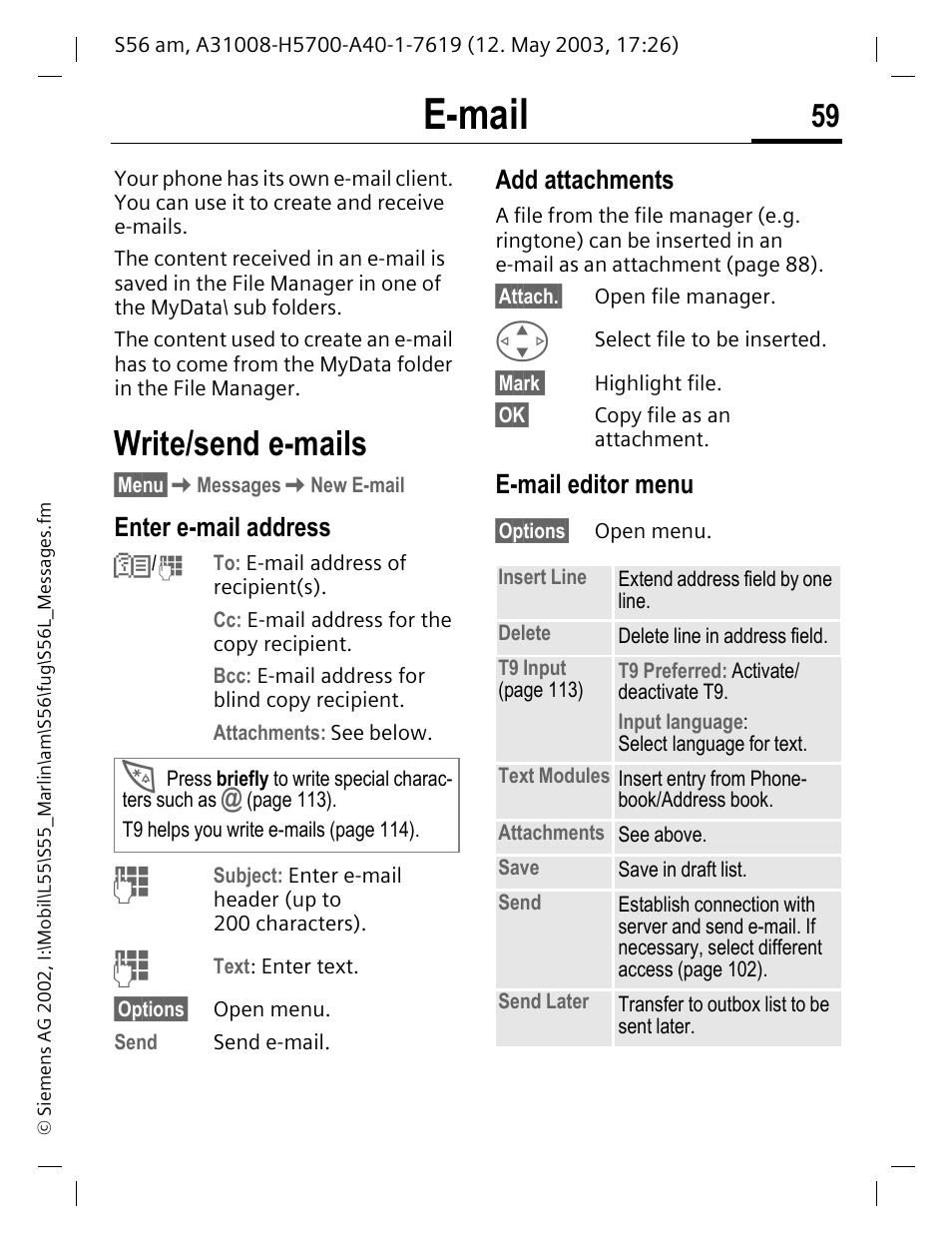 E-mail, Write/send e-mails, Enter e-mail address | E-mail editor menu, Enter e-mail address n, Add attachments | Siemens S56 User Manual | Page 59 / 152