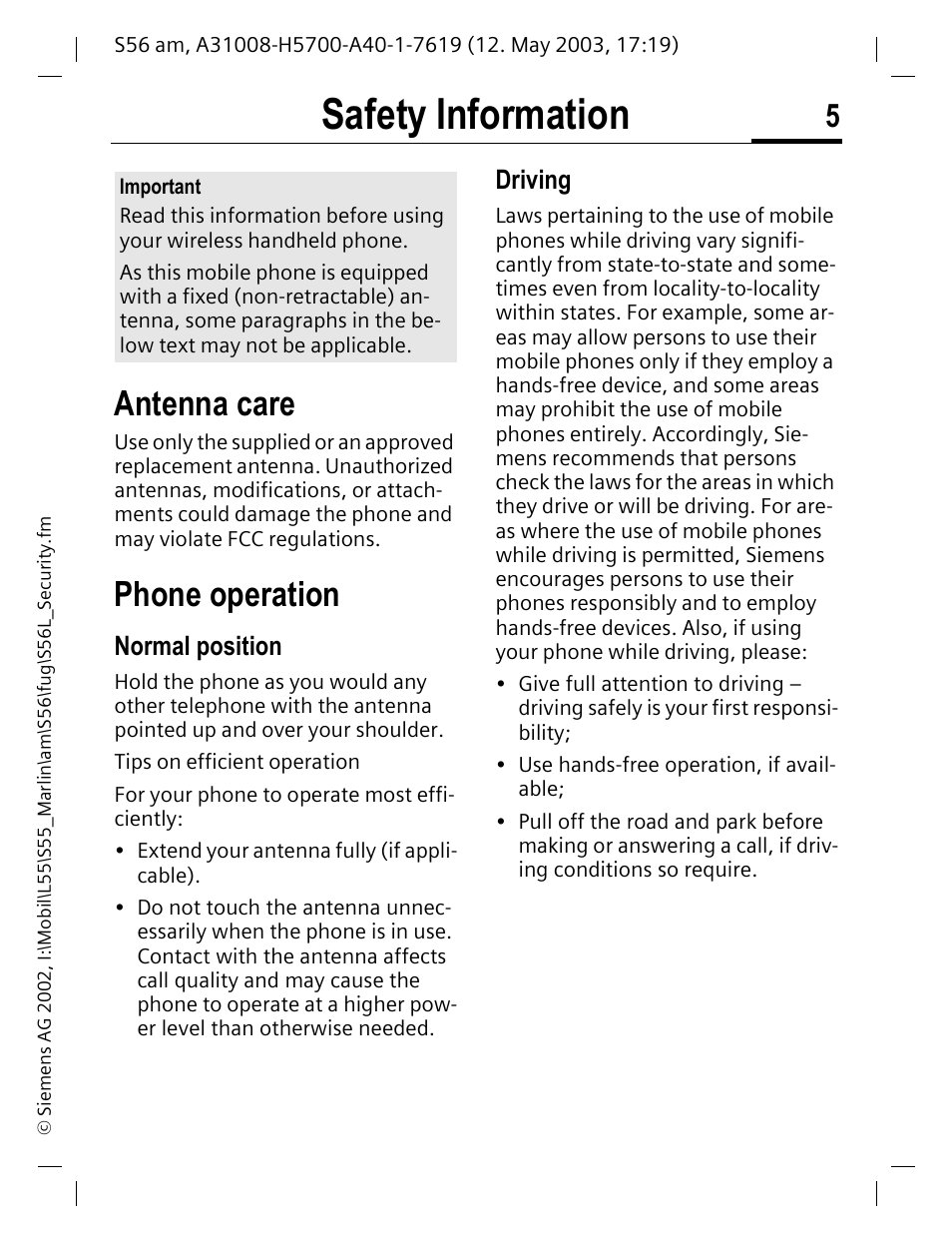 Safety information, Antenna care, Phone operation | Normal position, Driving | Siemens S56 User Manual | Page 6 / 152