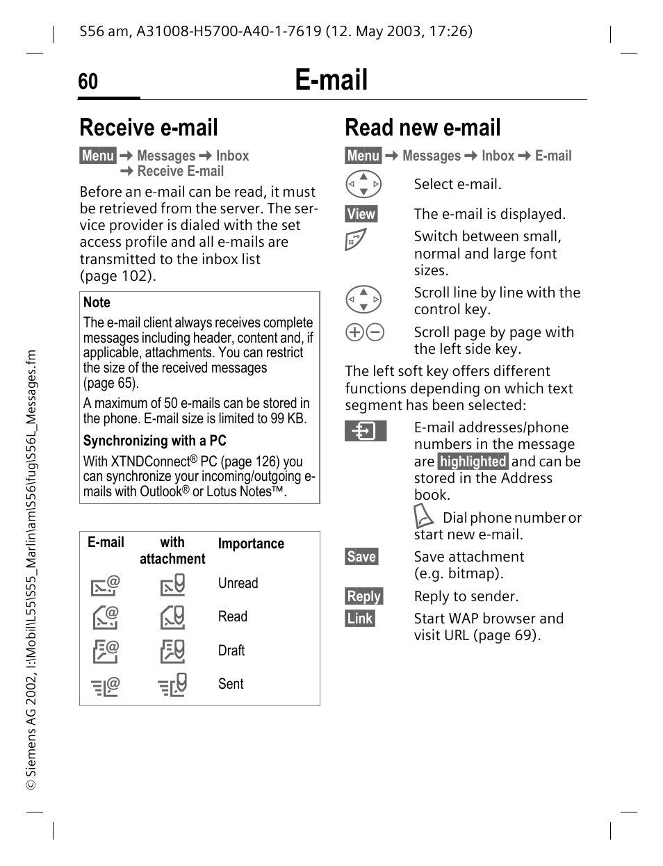 Receive e-mail read new e-mail, E-mail, Receive e-mail | Read new e-mail | Siemens S56 User Manual | Page 60 / 152