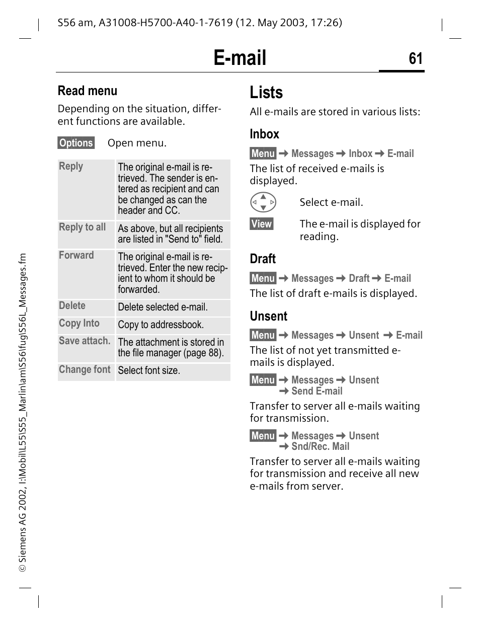 Inbox, Draft, Unsent | Lists, E-mail, Read menu | Siemens S56 User Manual | Page 61 / 152