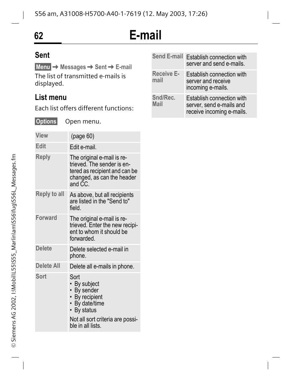 List menu, E-mail, Sent | Siemens S56 User Manual | Page 62 / 152