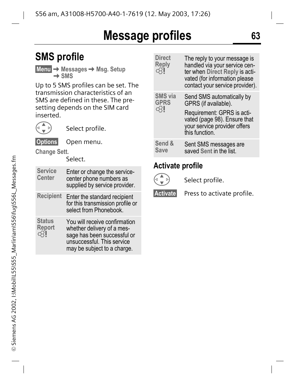 Message profiles, Sms profile, Activate profile | Siemens S56 User Manual | Page 63 / 152