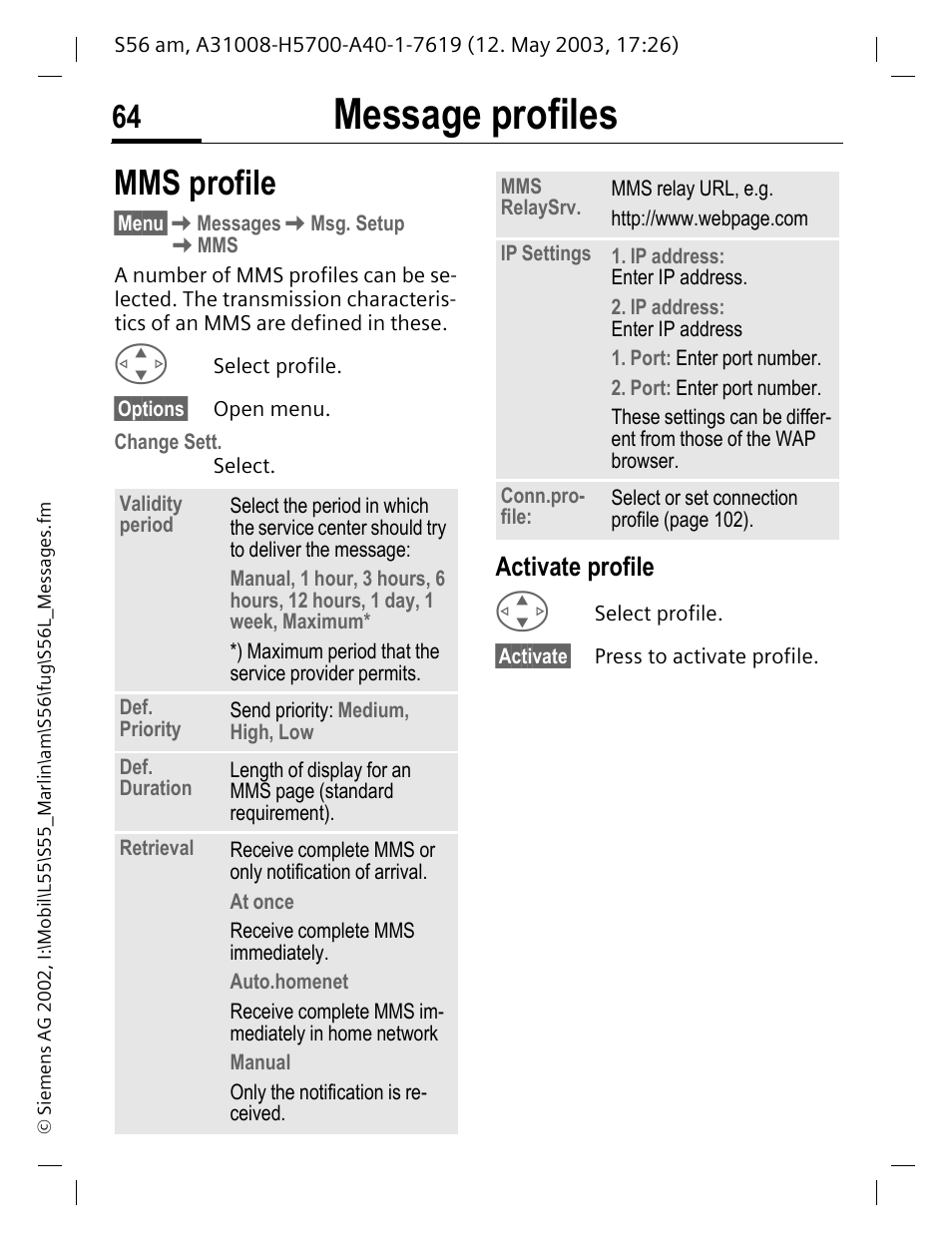 Activate profile, Mms profile, Message profiles | Siemens S56 User Manual | Page 64 / 152