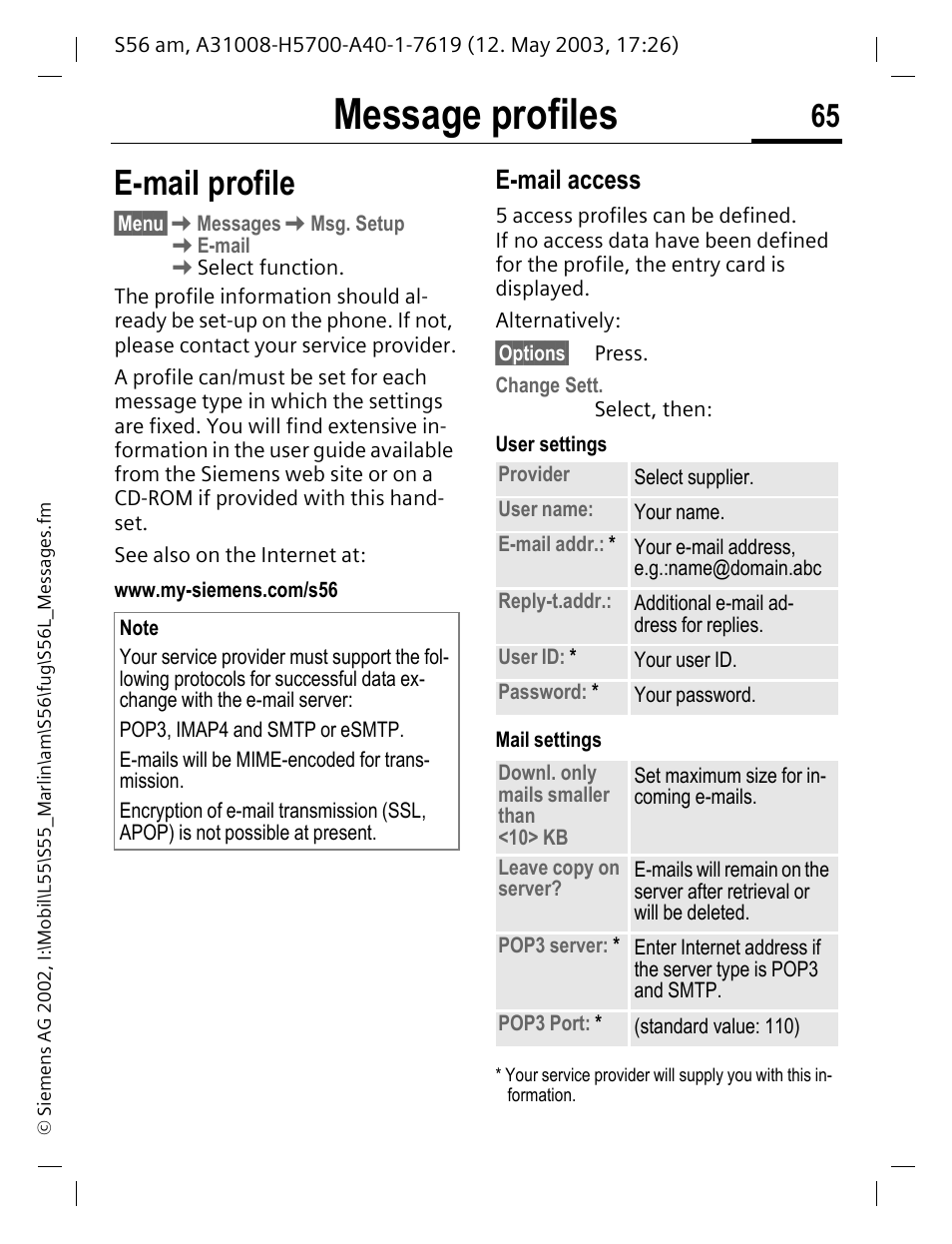 E-mail profile, Message profiles, E-mail access | Siemens S56 User Manual | Page 65 / 152