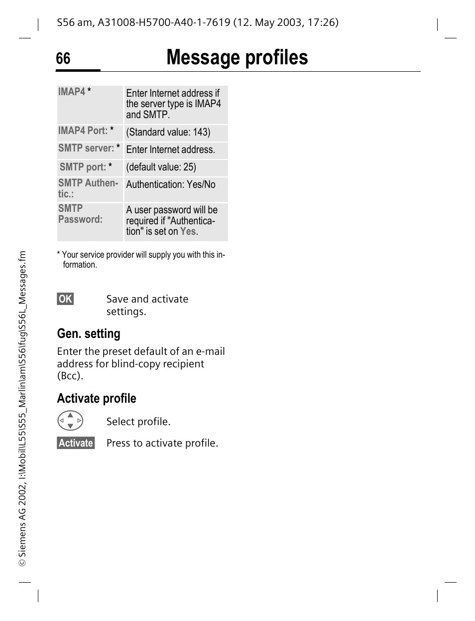 Gen. setting, Activate profile, Message profiles | Siemens S56 User Manual | Page 66 / 152